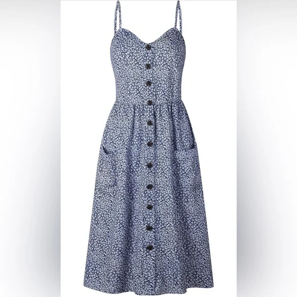 ANGASHION | Navy Blue and White Floral Spaghetti Buttoned Midi Sundress - Picture 4 of 11